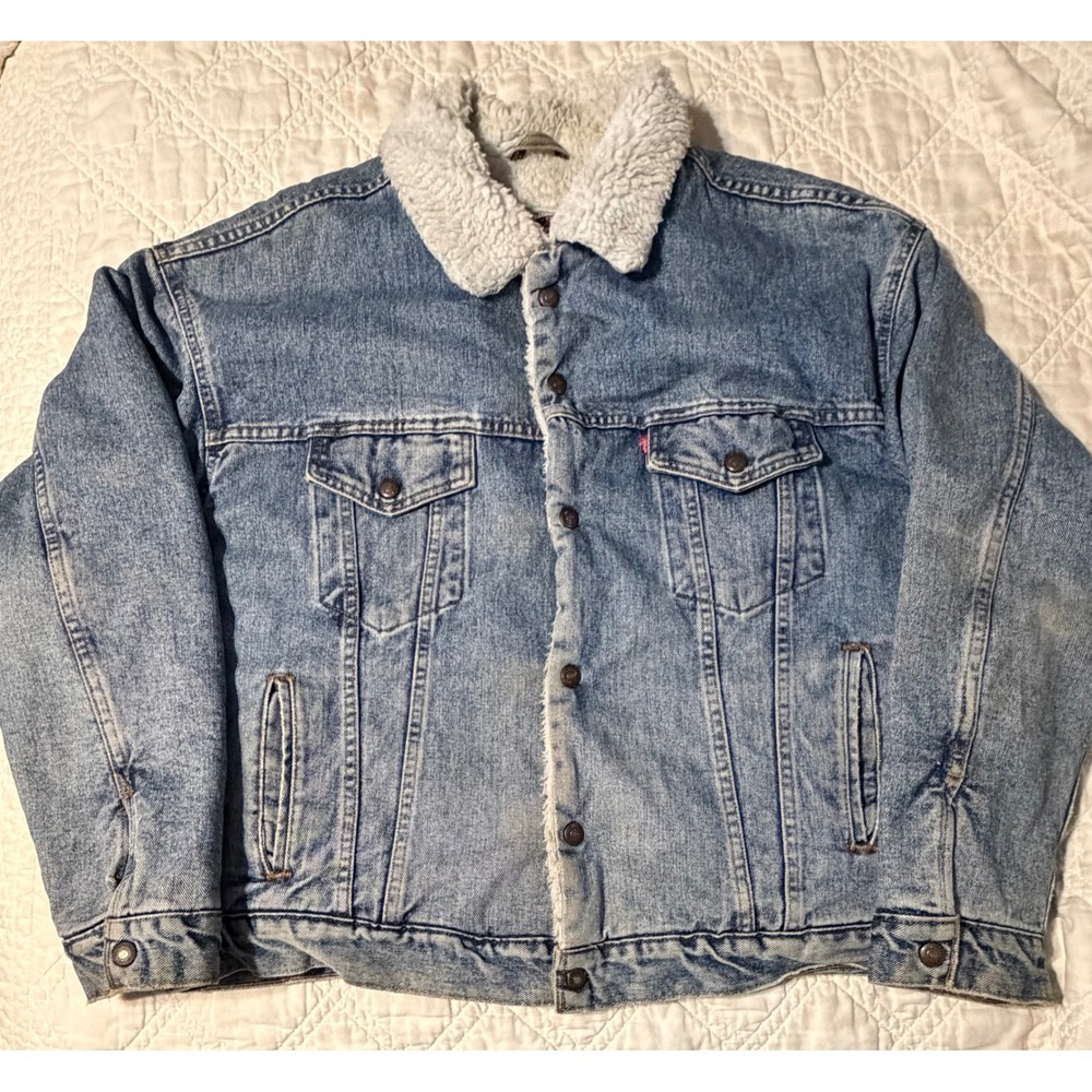 Levi's Sherpa Trucker Jacket Men XL Blue 90s Vintage Denim Coat denim distressed